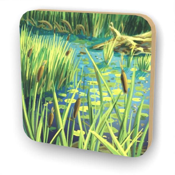 Tile depicting a pond with reeds and lilypads.