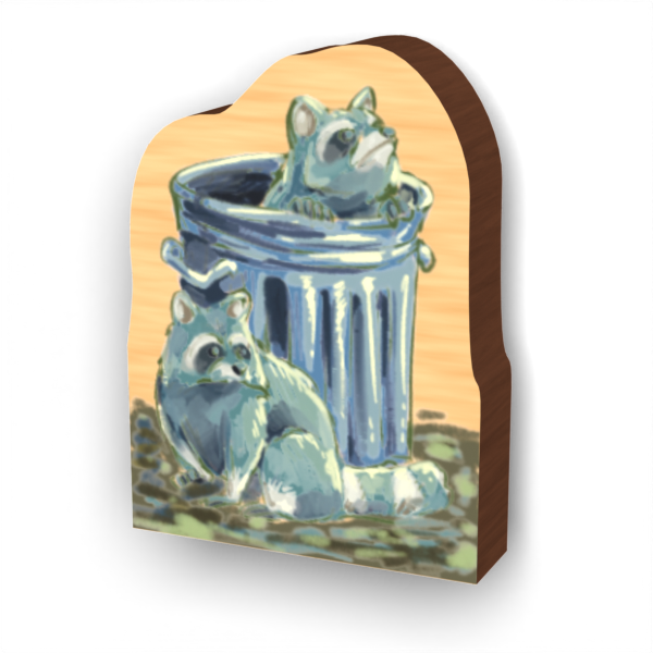 Token depicting raccoons coming out of a trash can.